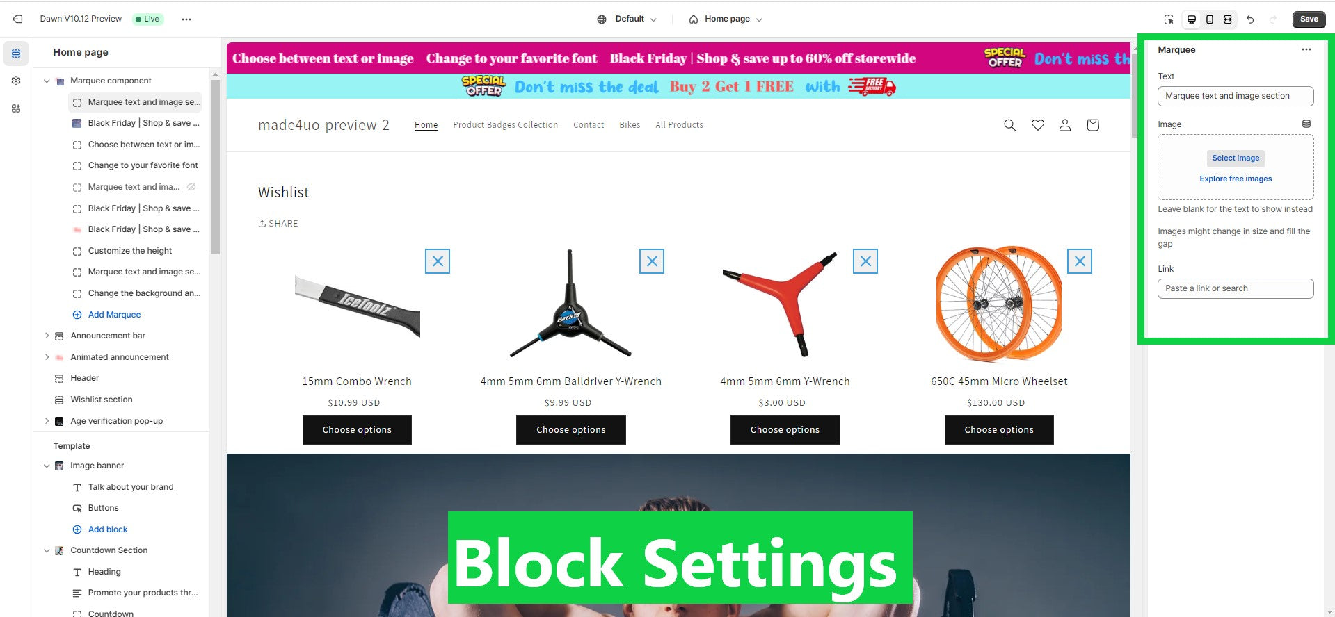 Marquee block settings